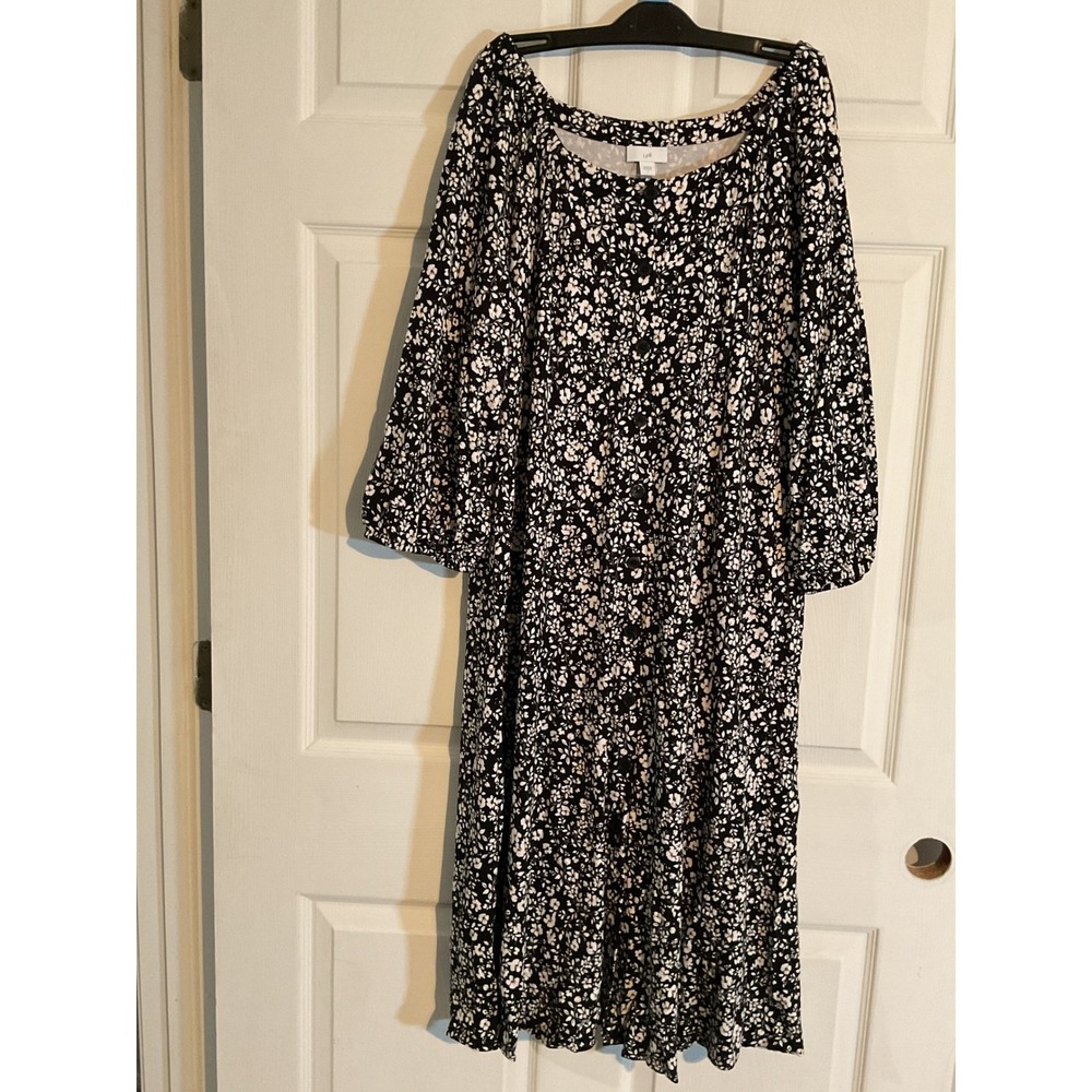 J. Jill Womens Floral Button Front Midi Dress Black White Yellow Size Large